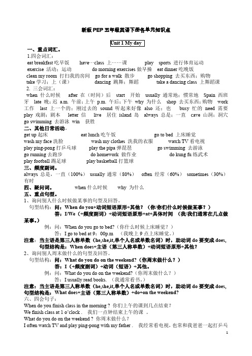 新版PEP五年级英语下册各单元知识点(含答案)