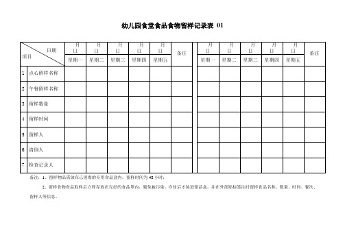 幼儿园食堂食品食物留样记录表 3表