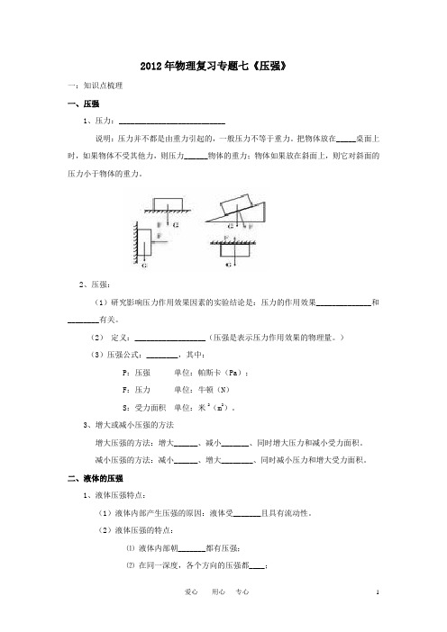 2012年中考物理复习专题七《压强》