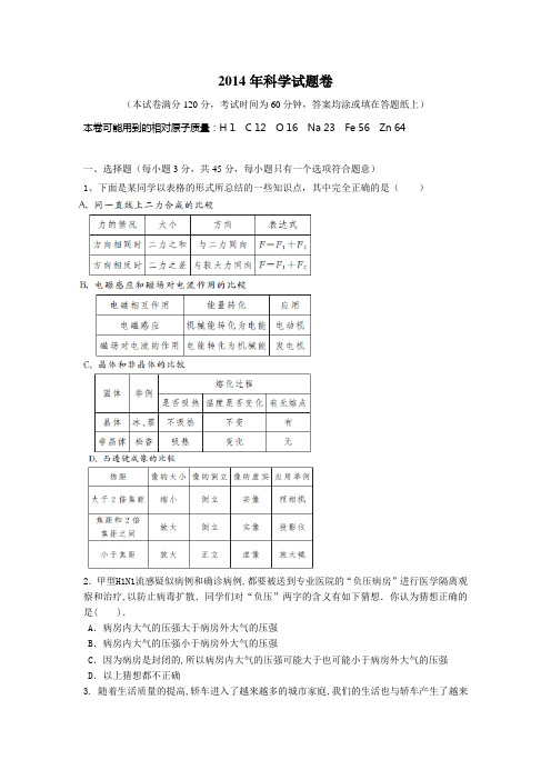 2014科学试题卷