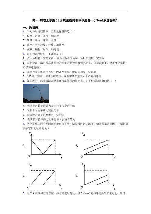 高一 物理上学期11月质量检测考试试题卷 ( Word版含答案)