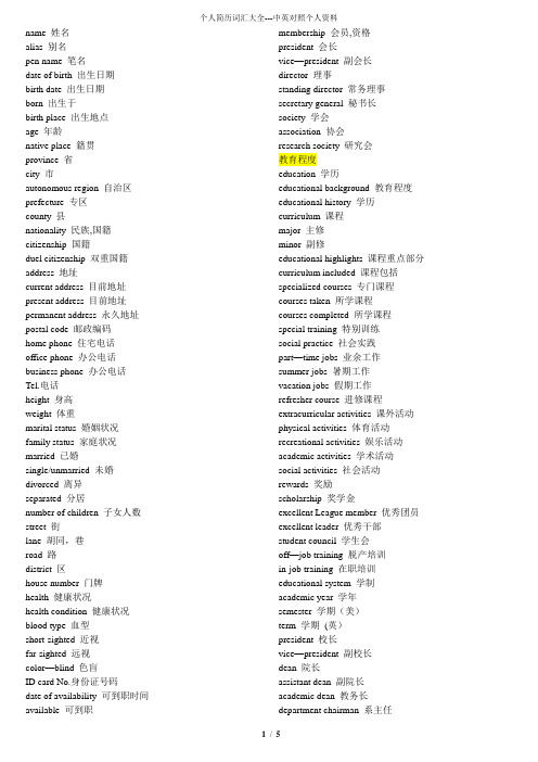 个人简历词汇大全_中英对照