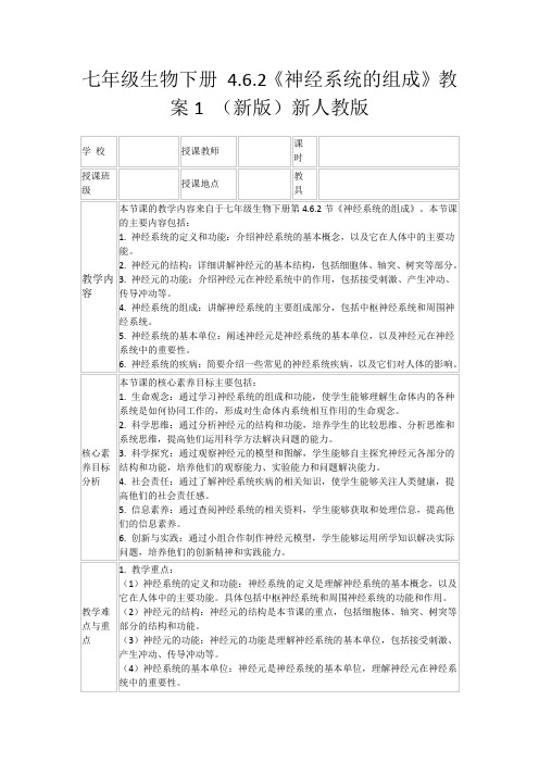 七年级生物下册4.6.2《神经系统的组成》教案1(新版)新人教版