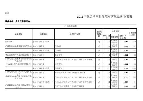 广东汽车客运站明细票价报备表内