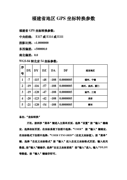 手持GPS福建省坐标转换参数