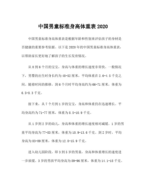 中国男童标准身高体重表2020