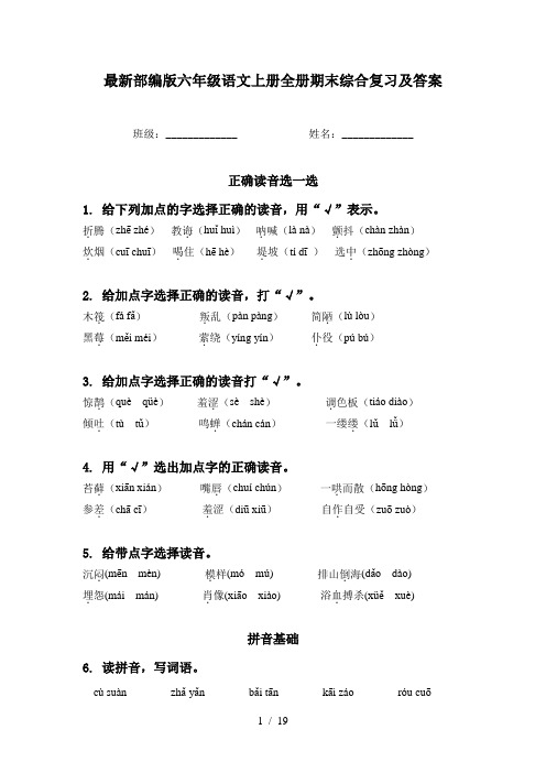 最新部编版六年级语文上册全册期末综合复习及答案