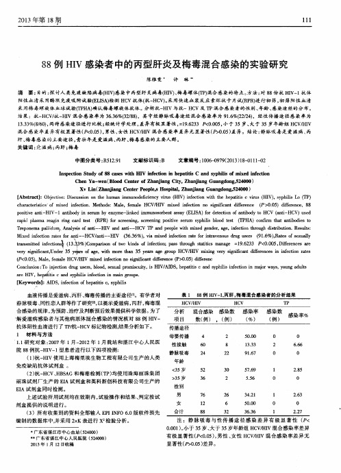 88例HIV感染者中的丙型肝炎及梅毒混合感染的实验研究