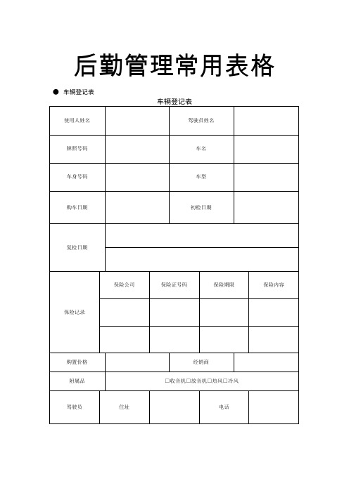 后勤管理常用表格