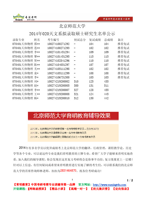 北京师范大学 2014年020天文系 拟录取硕士 研究生名单公示