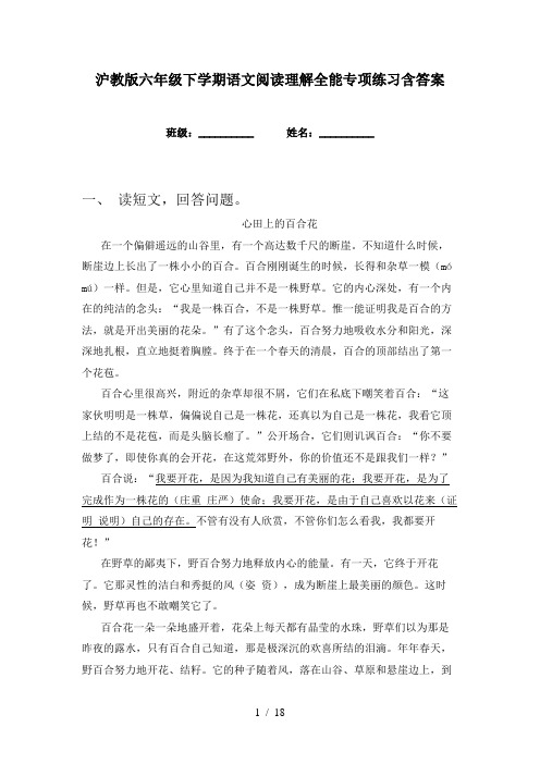 沪教版六年级下学期语文阅读理解全能专项练习含答案