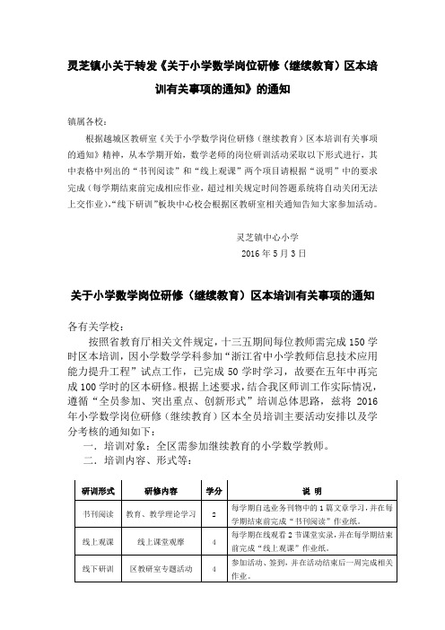 灵芝镇小关于转发《关于小学数学岗位研修(继续教育)区本培训有关事项的通知》的通知