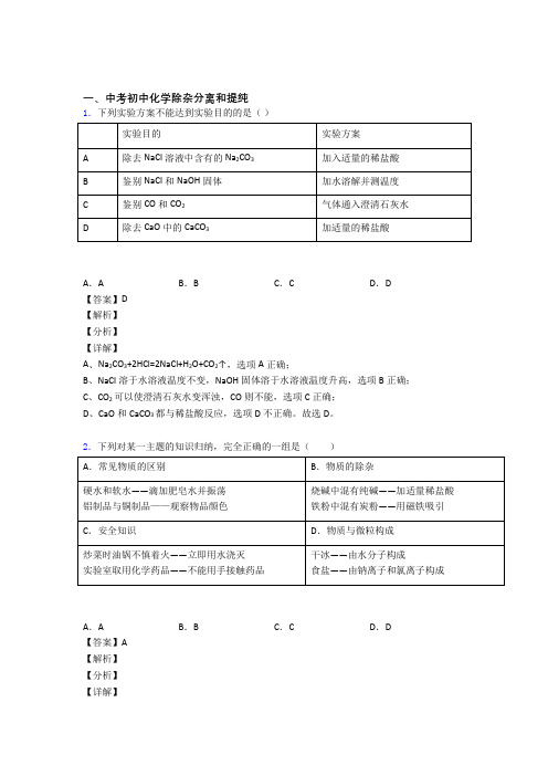 中考化学 分离和提纯除杂 培优易错试卷练习(含答案)及答案