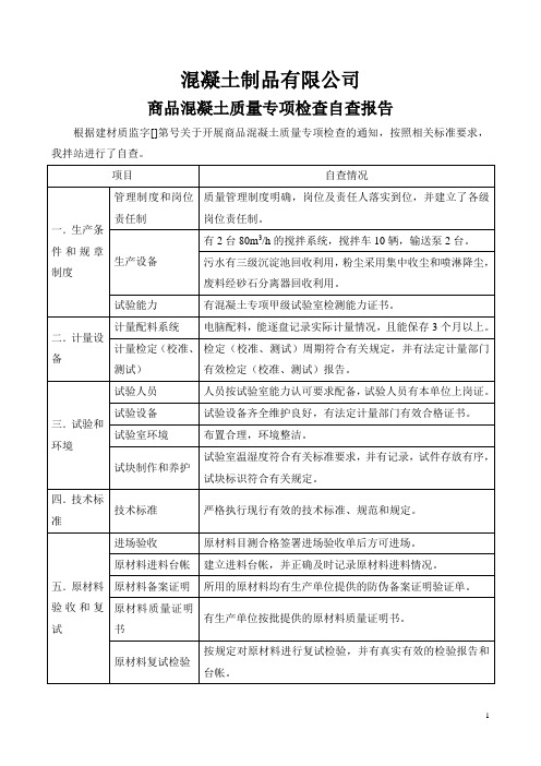 商品混凝土质量专项检查自查报告(混凝土制品有限公司)