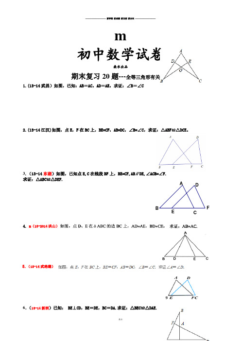 人教版八年级数学上册期末复习-20题-全等三角形有关证明.docx