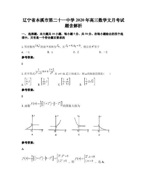 辽宁省本溪市第二十一中学2020年高三数学文月考试题含解析