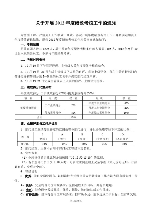 关于开展2012年度绩效考核工作的通知