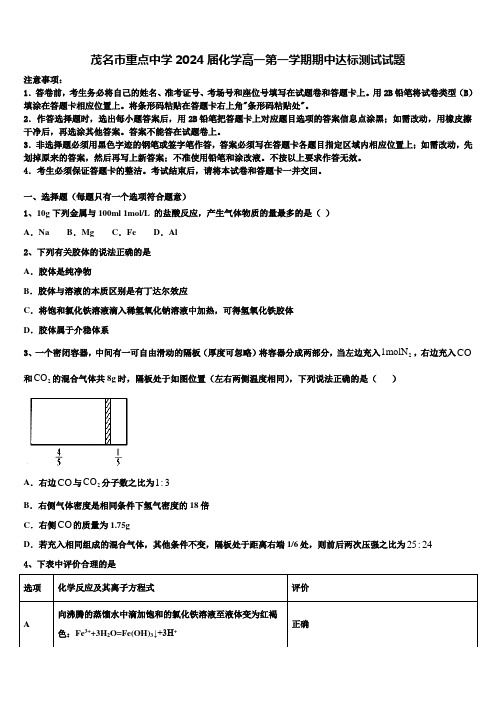 茂名市重点中学2024届化学高一第一学期期中达标测试试题含解析