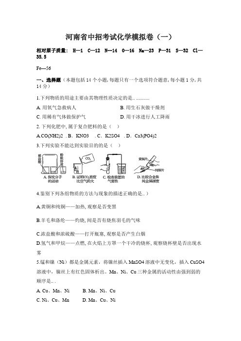 河南省中招考试化学模拟卷(一)