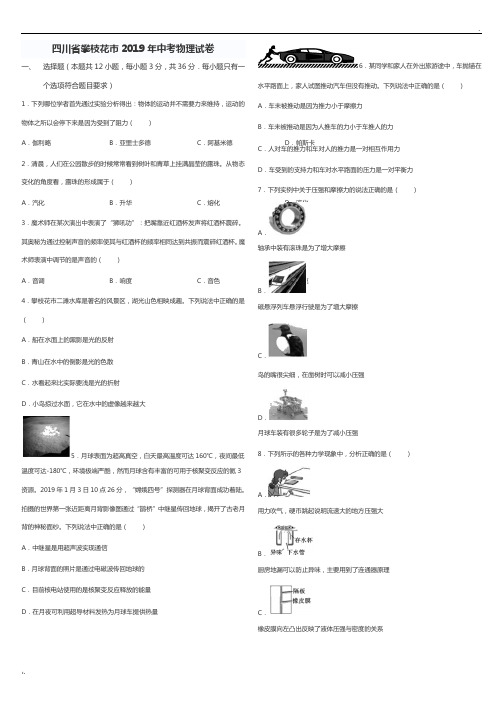 四川省攀枝花市2019年中考物理试卷(含 答案)