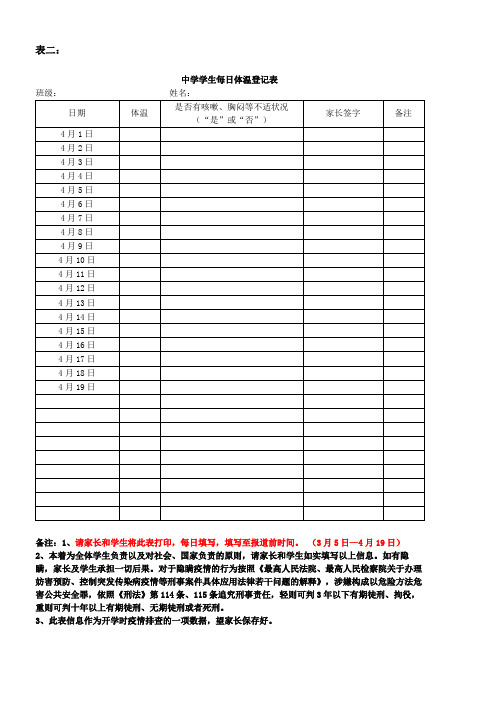 中学学生每日体温登记表