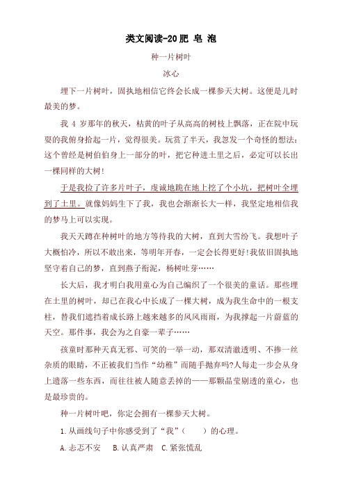 最新2020年部编本三年级语文下册课时训练-20肥皂泡(含答案)
