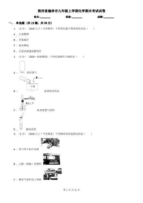 陕西省榆林市九年级上学期化学期末考试试卷