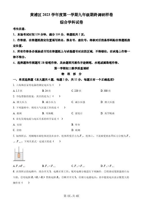 2024年上海市黄浦区中考一模物理试题及解析