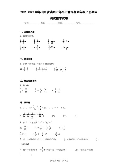 2021-2022学年山东省滨州市邹平市青岛版六年级上册期末测试数学试卷(含答案解析)