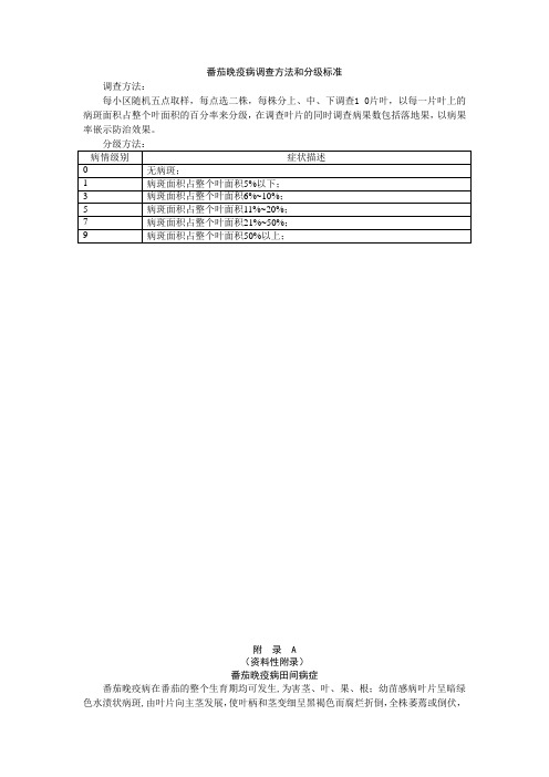 番茄晚疫病调查方法和分级标准、田间病症、调节剂使用方法、农药防治方法、防治档案