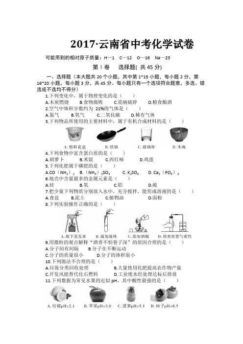 2017云南省中考化学试卷(答案)(可打印修改) (2)