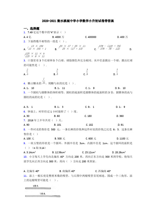 2020-2021衡水桃城中学小学数学小升初试卷带答案