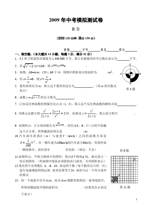 2009年初中毕业升学考试数学模拟测试B卷及答案