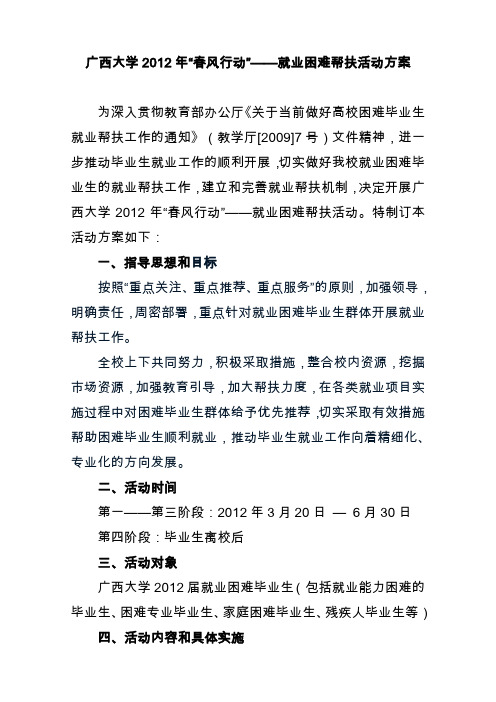 广西大学2012年春风行动——就业困难帮扶活动方案