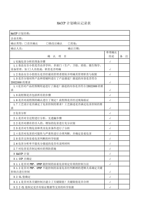 HACCP计划确认记录表