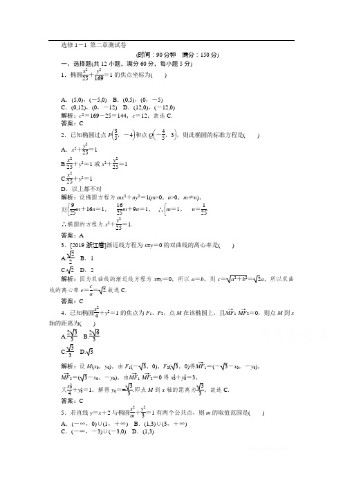 2019-2020学年数学人教A版选修1-1同步检测：第二章测试卷 