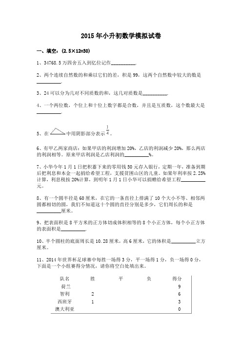 2015小升初数学试题及答案