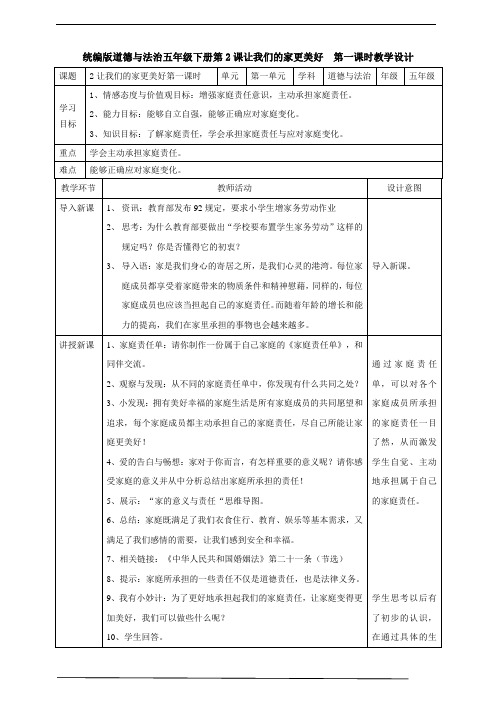 最新部编版小学五年级下册道德与法治  2让我们的家更美好  第一课时  精品教案