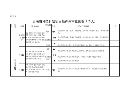 云南省科技计划项目预算评审意见表个人