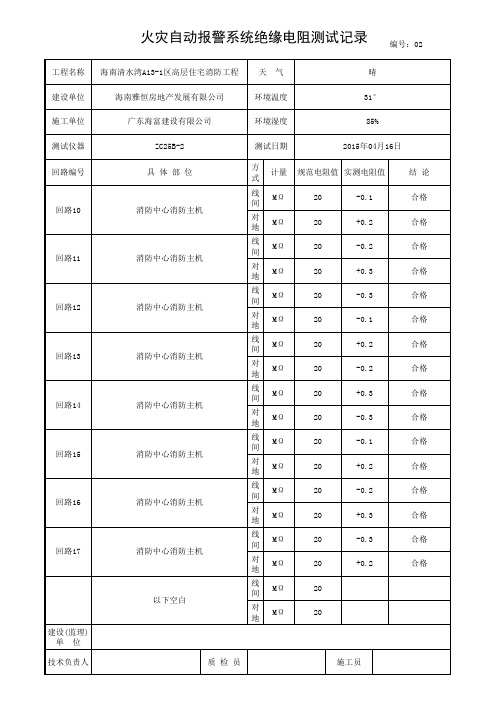 火灾自动报警系统绝缘电阻测试记录