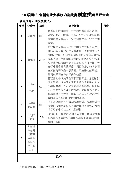 首届中国“互联网”大学生创新创业大赛校内选拔赛评分表最终