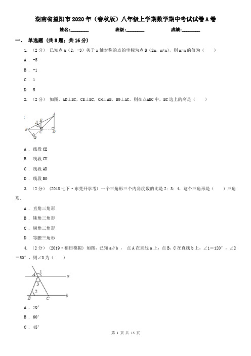 湖南省益阳市2020年(春秋版)八年级上学期数学期中考试试卷A卷