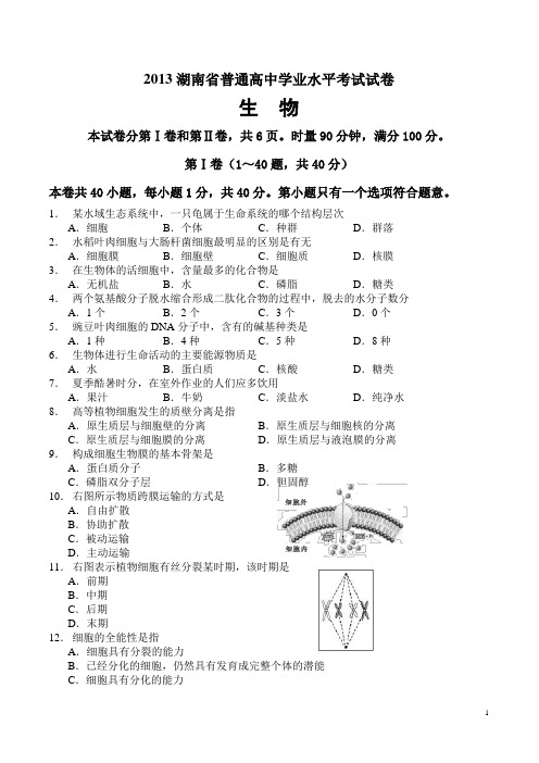 湖南省普通高中学业水平考试生物试卷和答案