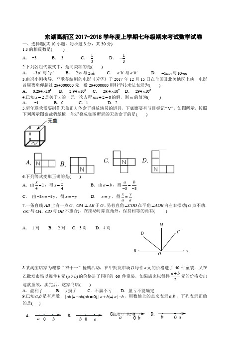 武汉市东湖高新区2017-2018七上期末试卷有答案