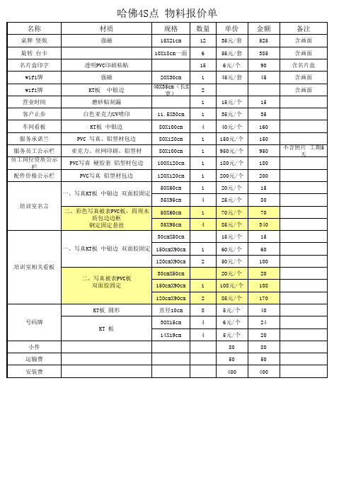 哈弗4S店 物料报价单