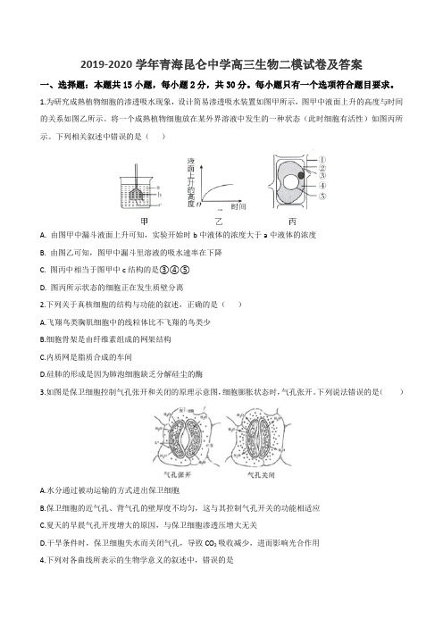 2019-2020学年青海昆仑中学高三生物二模试卷及答案