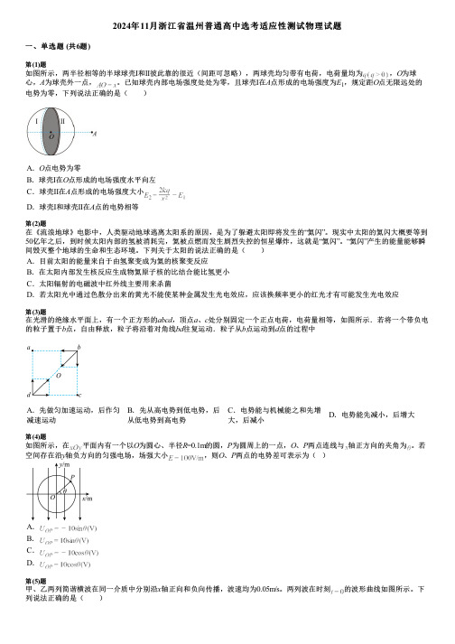 2024年11月浙江省温州普通高中选考适应性测试物理试题 (2)