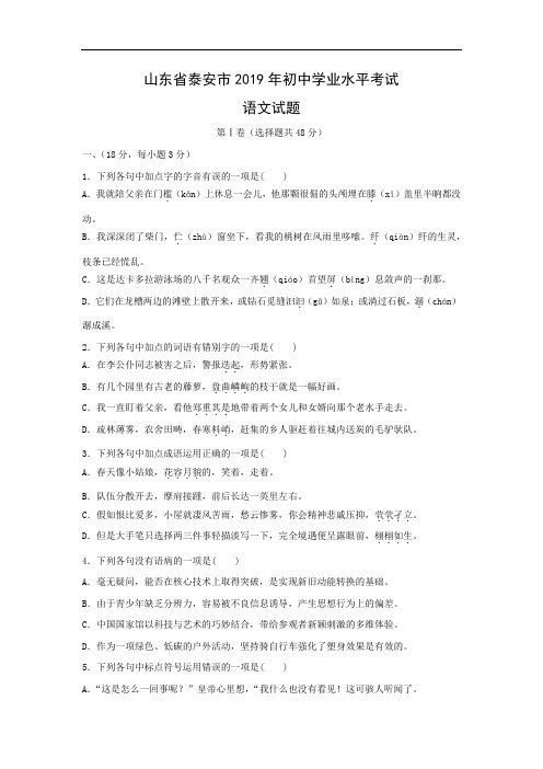 语文2019年中考试题-山东省泰安市2019年初中学业水平考试试题试题及答案