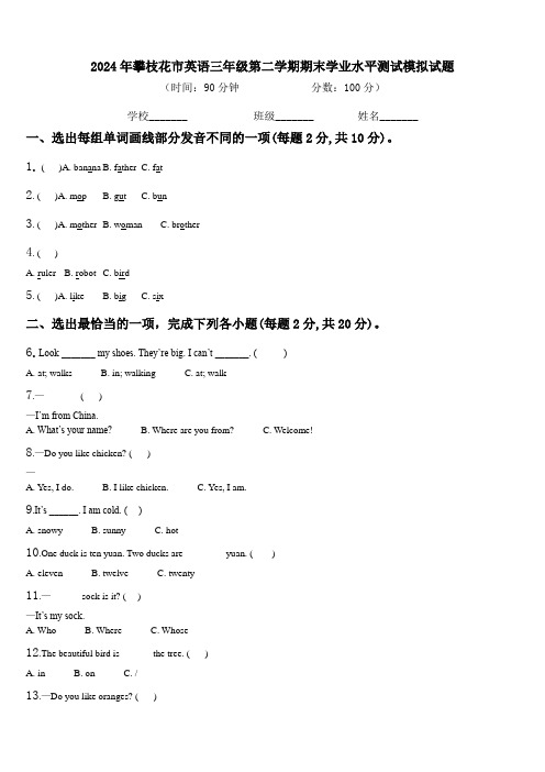 2024年攀枝花市英语三年级第二学期期末学业水平测试模拟试题含解析