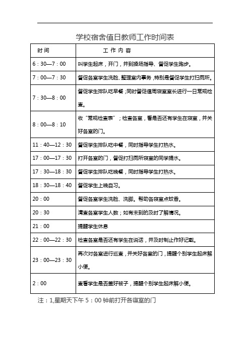 学校宿舍值日教师工作时间表